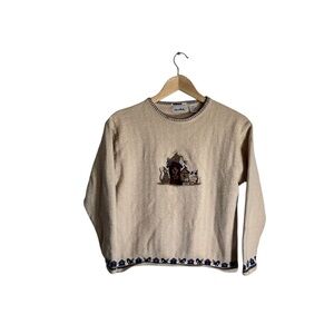 Vintage Cat Sweater 90s Grandmacore Crewneck Kitty Embroidered Cottage Women's